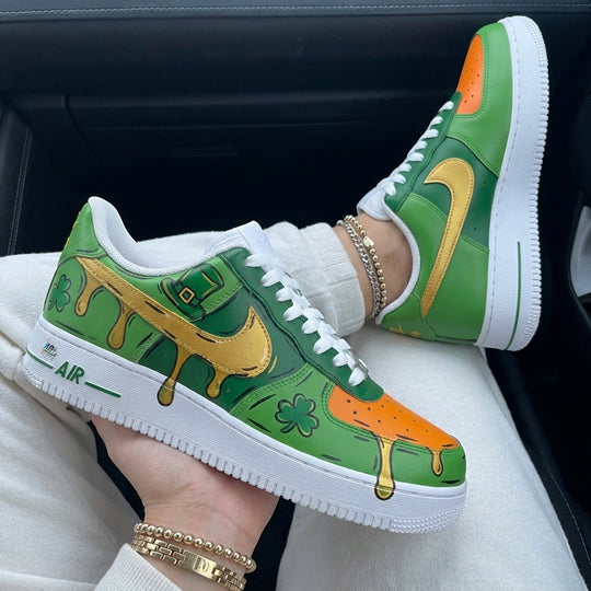 Custom Air Force 1 Green Orange Clover Leprechaun Hat Gold Drip