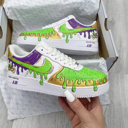 Custom Air Force 1 Green Purple Gold Mardi Gras Mask Drip Design