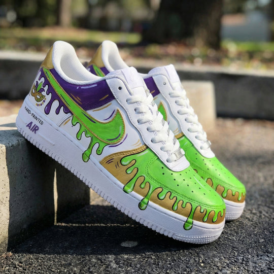 Custom Air Force 1 Green Purple Gold Mardi Gras Mask Drip Design