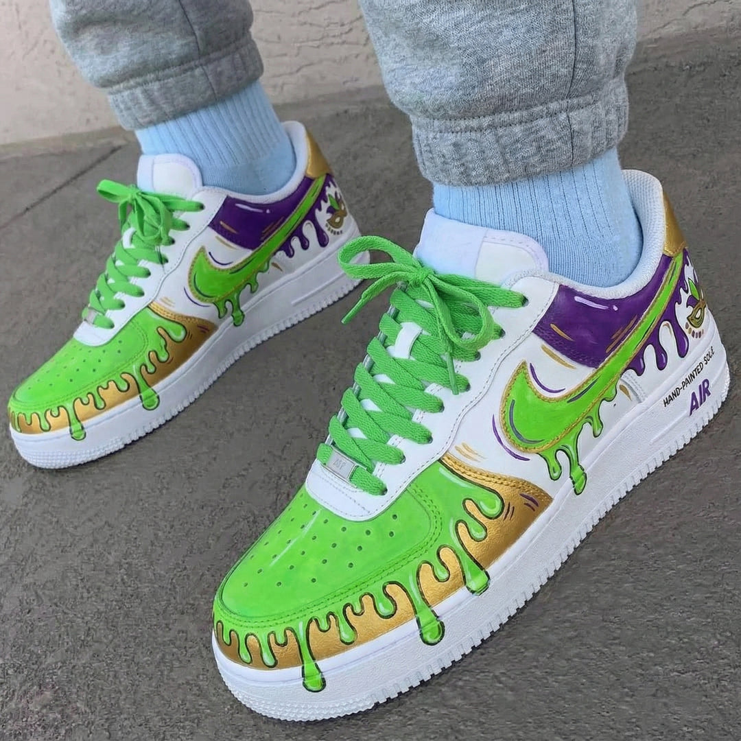 Custom Air Force 1 Green Purple Gold Mardi Gras Mask Drip Design