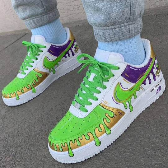 Custom Air Force 1 Green Purple Gold Mardi Gras Mask Drip Design