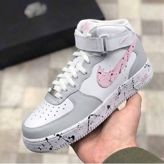 Custom Air Force 1 Grey Baby Pink Splatter Design