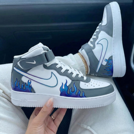 Custom Air Force 1 Grey Blue Flame Design