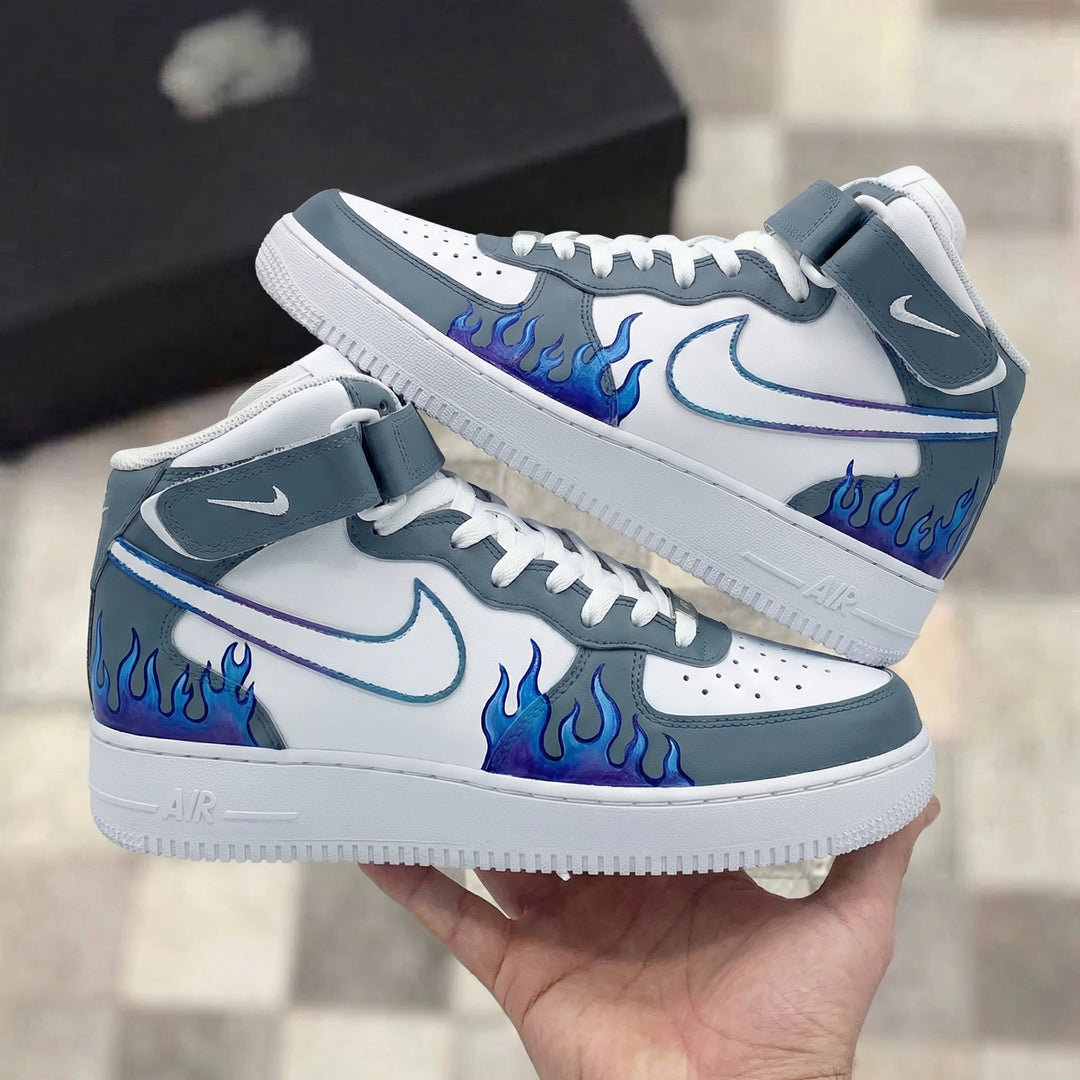 Custom Air Force 1 Grey Blue Flame Design