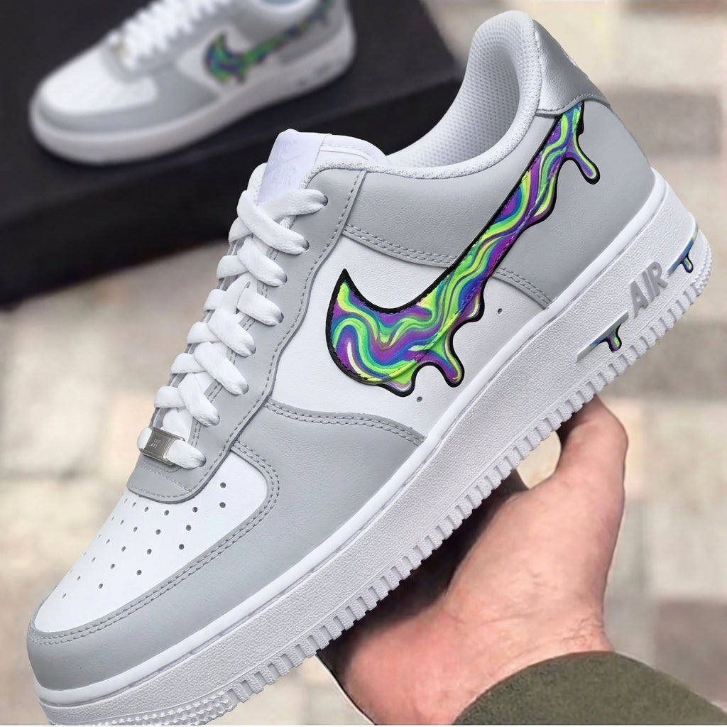Custom Air Force 1 Grey Iridescent Dripping Swoosh