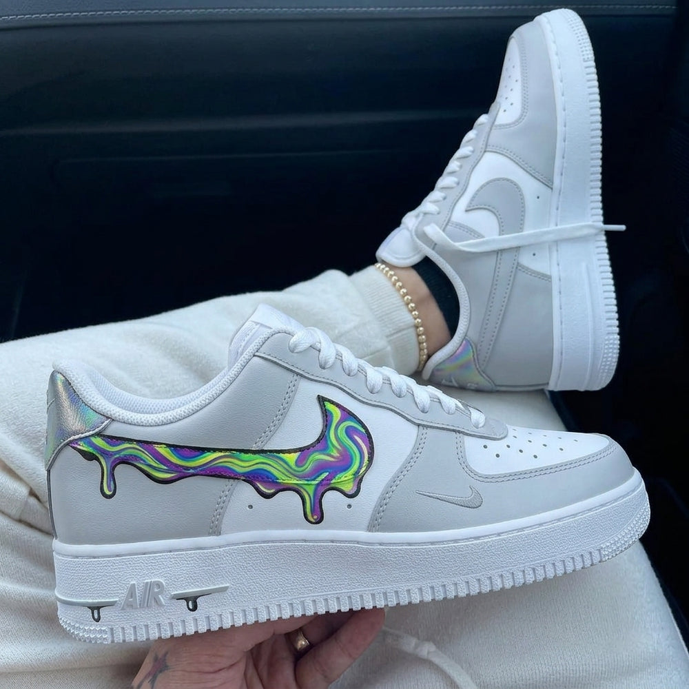 Custom Air Force 1 Grey Iridescent Dripping Swoosh