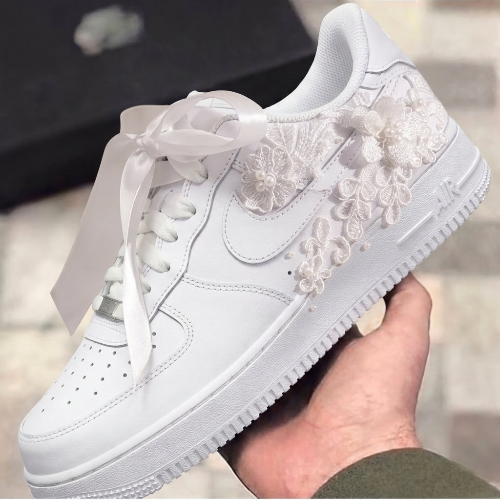 Custom Air Force 1 Lace Flowers Pearls Satin Bow Weeding Shoes