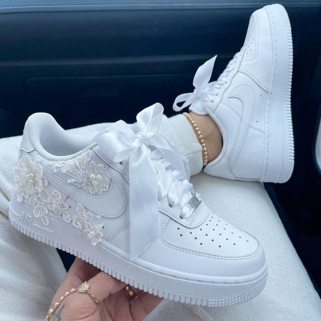 Custom Air Force 1 Lace Flowers Pearls Satin Bow Weeding Shoes