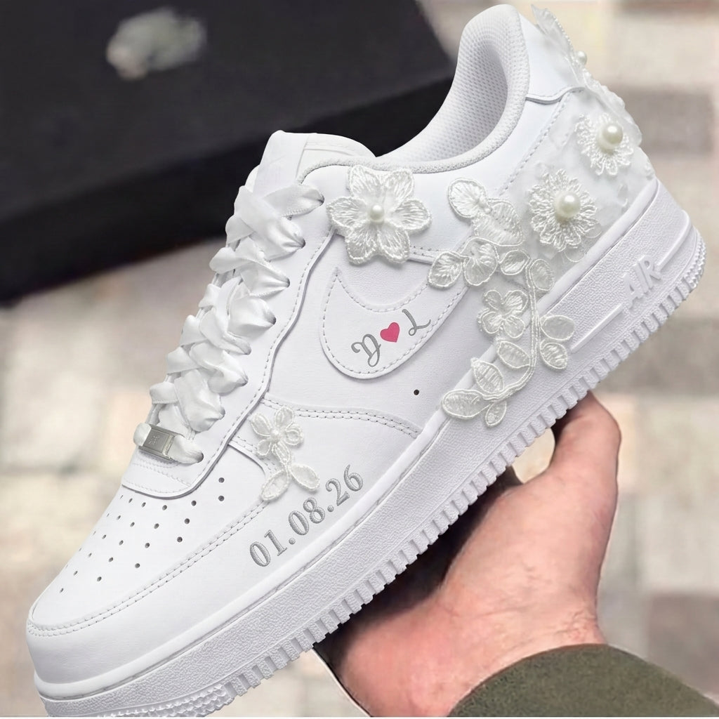 Custom Air Force 1 Lace Flowers Pearls Satin Laces Personalized Weeding Shoes