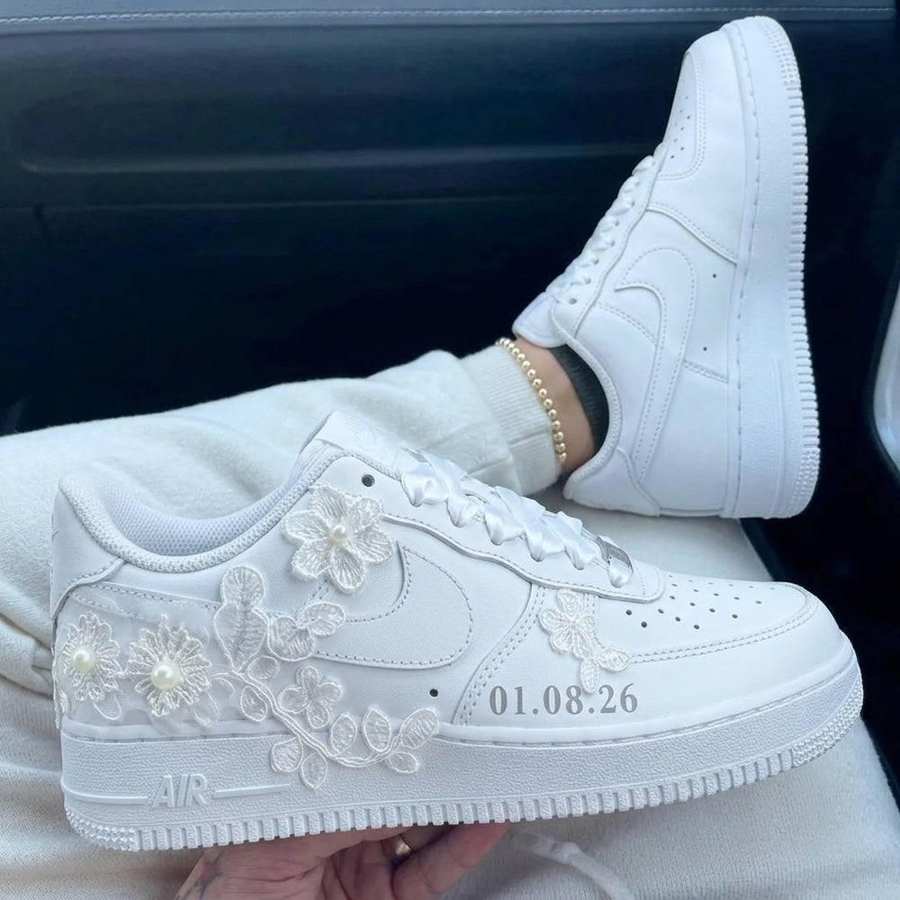 Custom Air Force 1 Lace Flowers Pearls Satin Laces Personalized Weeding Shoes