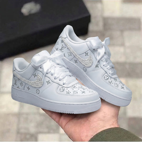 Custom Air Force 1 Light Gray LV Pattern with Pearls