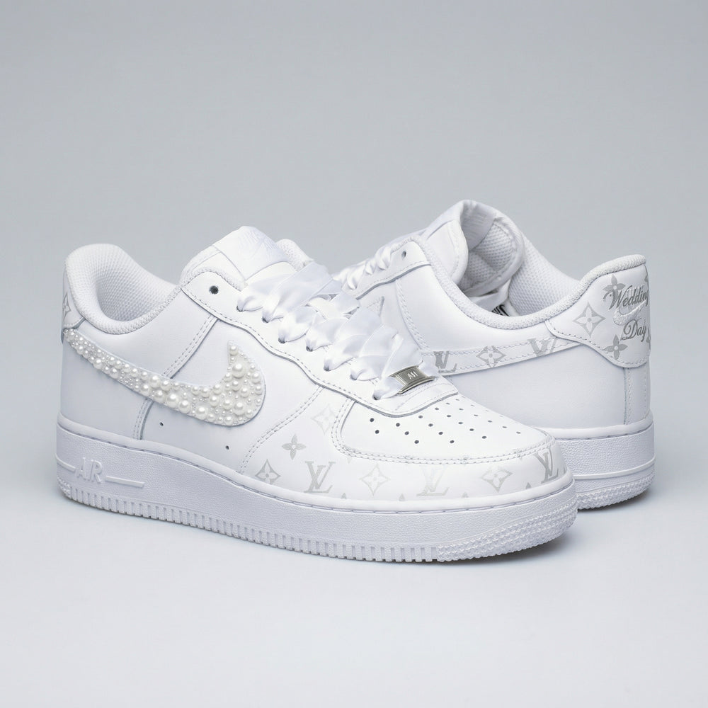 Custom Air Force 1 Light Gray LV Pattern with Pearls