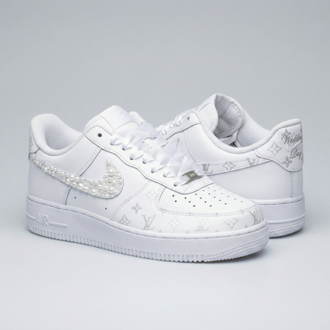 Custom Air Force 1 Light Gray LV Pattern with Pearls