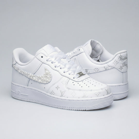 Custom Air Force 1 Light Gray LV Pattern with Pearls