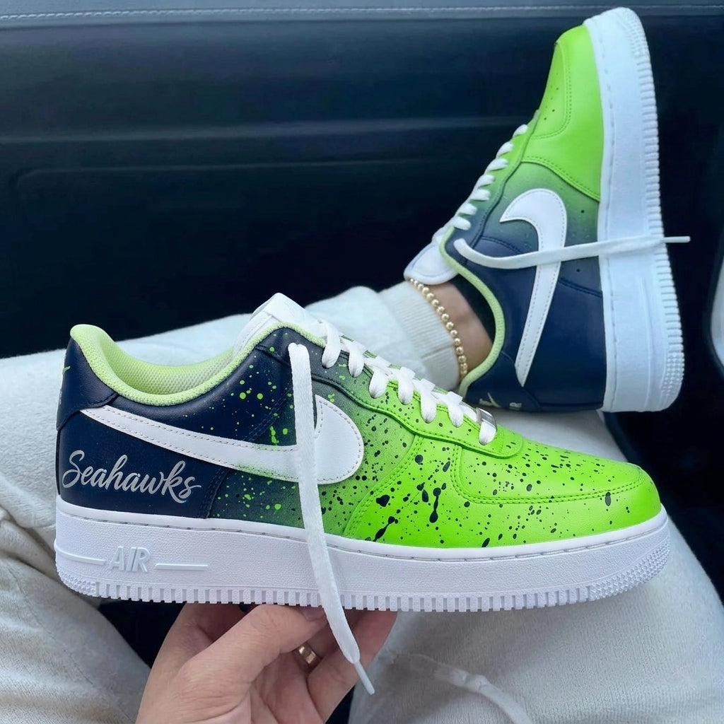 Custom Air Force 1 Lime Green Navy Seahawks Splatter