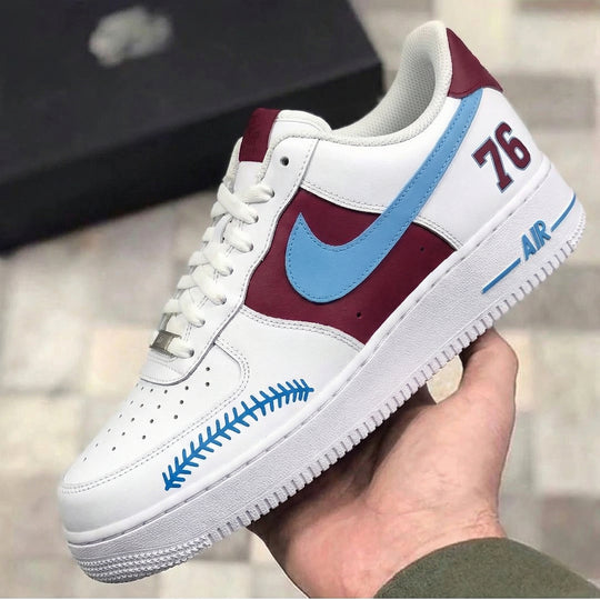 Custom Air Force 1 Maroon Baby Blue 76 Number Baseball Stitch
