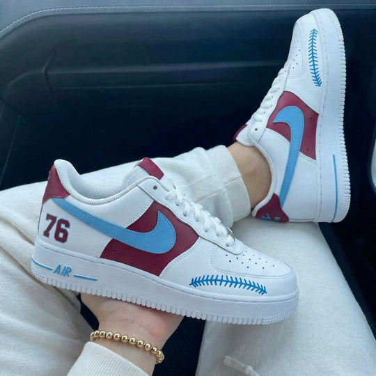 Custom Air Force 1 Maroon Baby Blue 76 Number Baseball Stitch