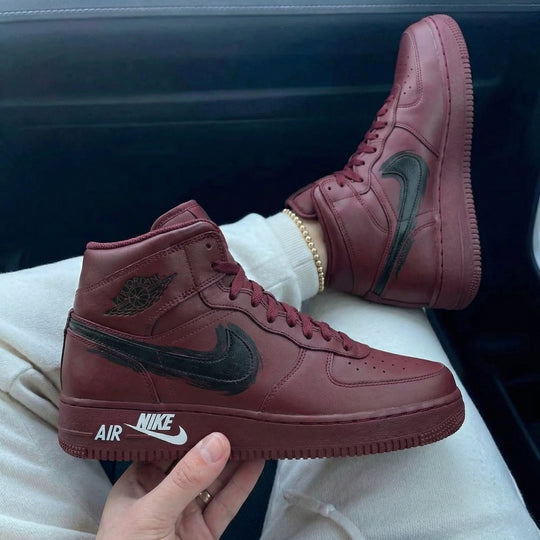 Custom Air Force 1 Maroon Black Swoosh Design