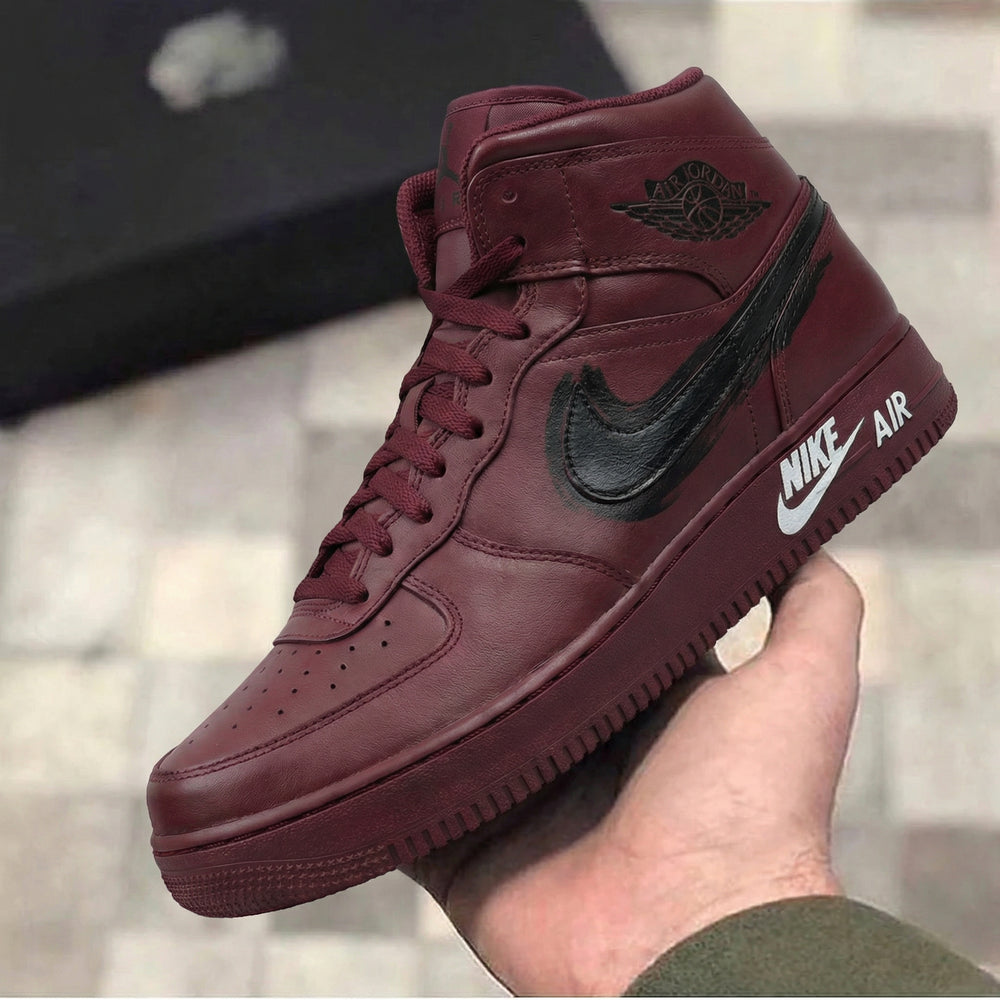 Custom Air Force 1 Maroon Black Swoosh Design
