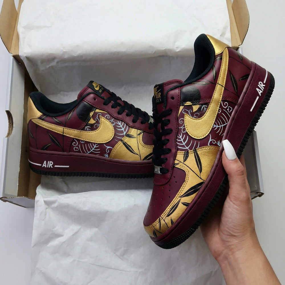 Custom Air Force 1 Maroon Gold Leaf Pattern