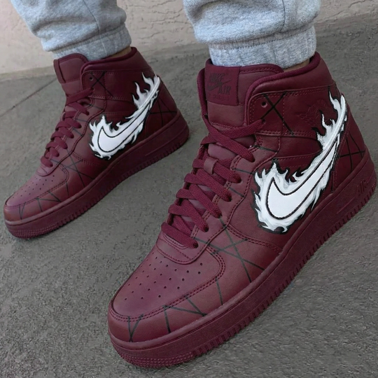 Custom Air Force 1 Maroon White Flame Design