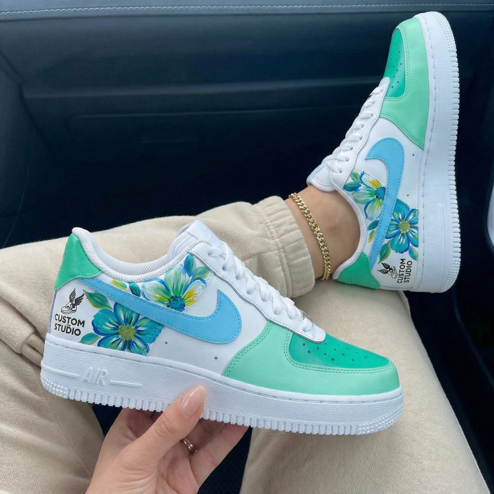 Custom Air Force 1 Mint Green Baby Blue Flowers