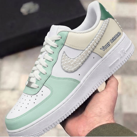 Custom Air Force 1 Mint Green Beige Pearl Custom Name