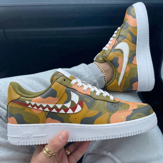Custom Air Force 1 Olive Orange Yellow Camo Shark Teeth