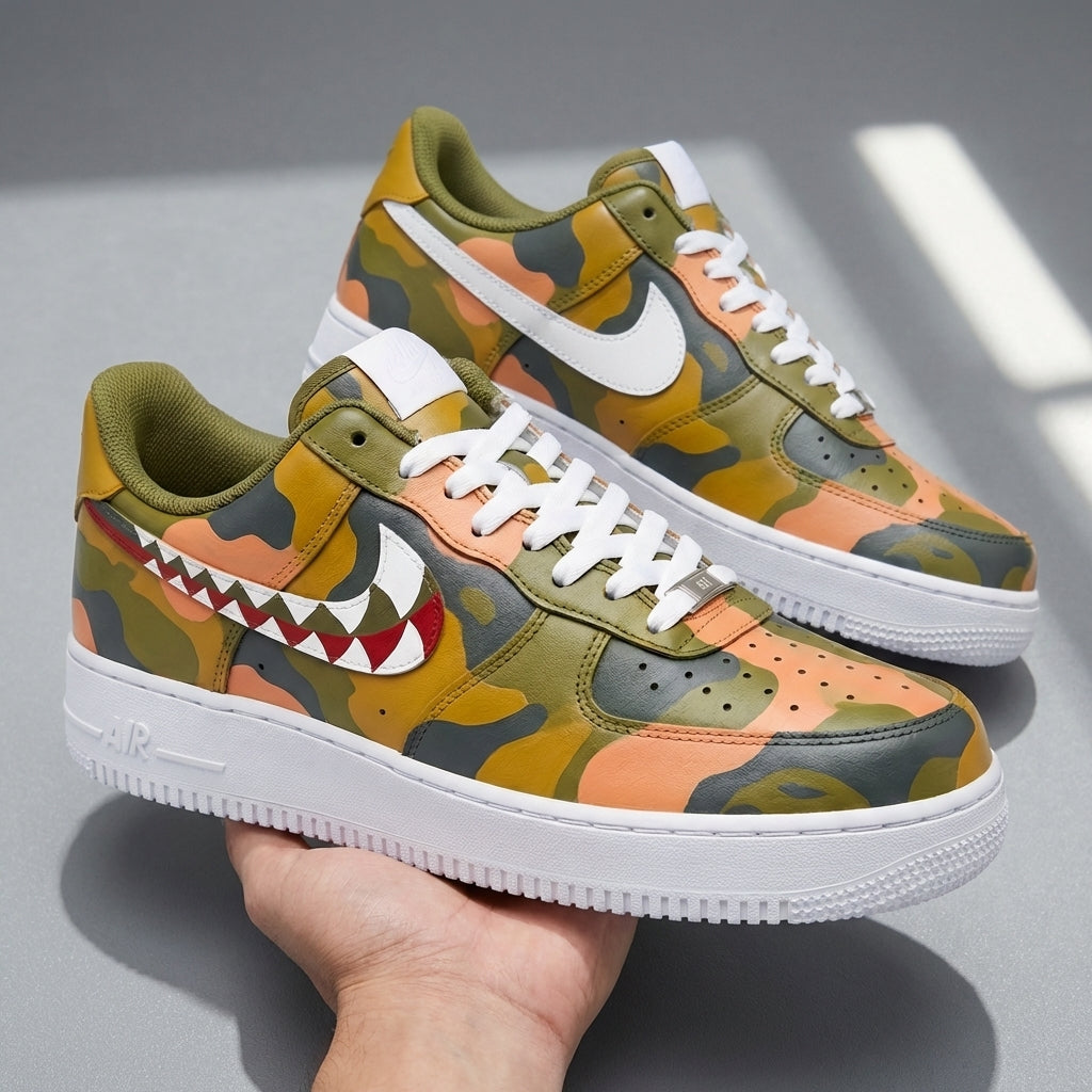 Custom Air Force 1 Olive Orange Yellow Camo Shark Teeth