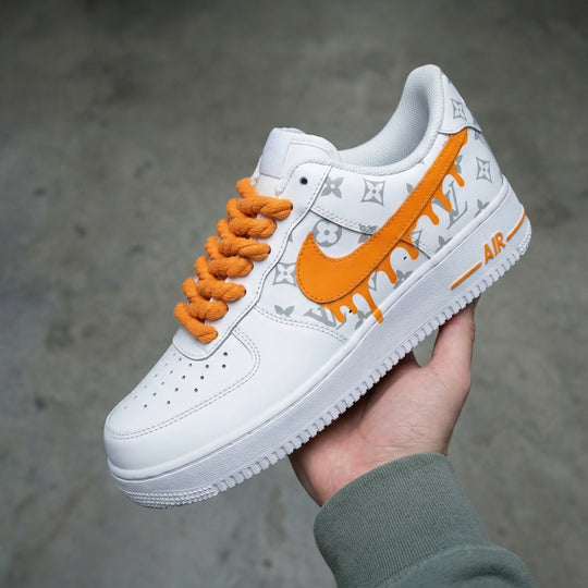 Custom Air Force 1 Orange LV Logo Dripping Swoosh Thick Shoelaces