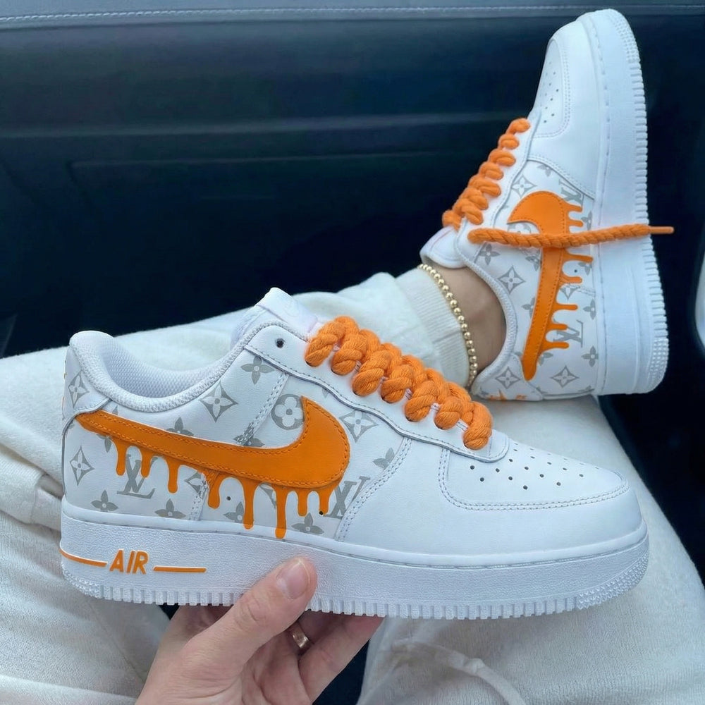 Custom Air Force 1 Orange LV Logo Dripping Swoosh Thick Shoelaces