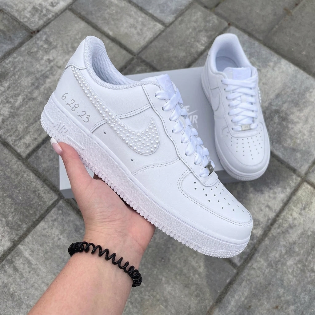 Custom Air Force 1 Pearl Embellished Date Engraved Weeding Shoes