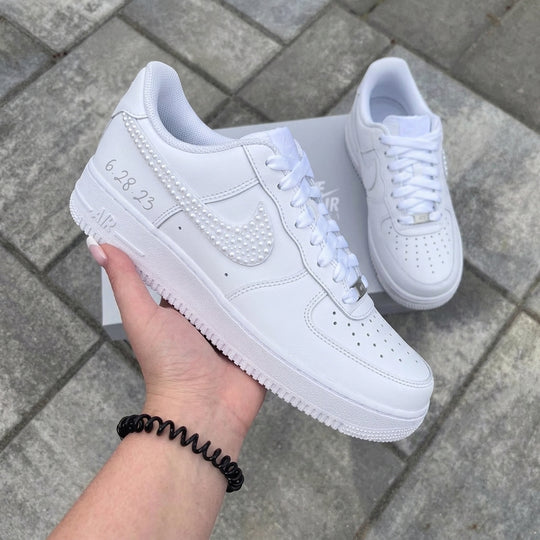 Custom Air Force 1 Pearl Embellished Date Engraved Weeding Shoes