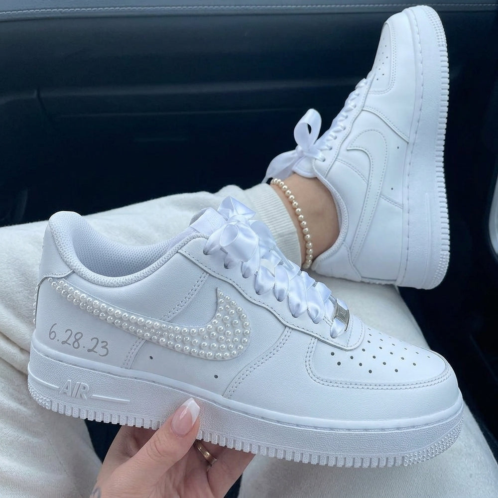 Custom Air Force 1 Pearl Embellished Date Engraved Weeding Shoes