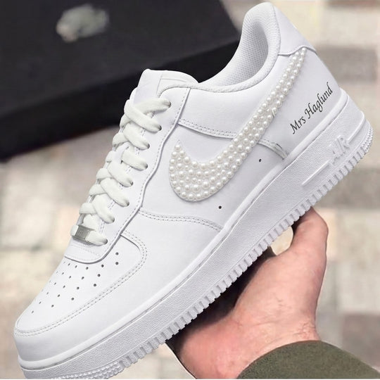 Custom Air Force 1 Pearl Swoosh & Lace Personalized Weeding Shoes