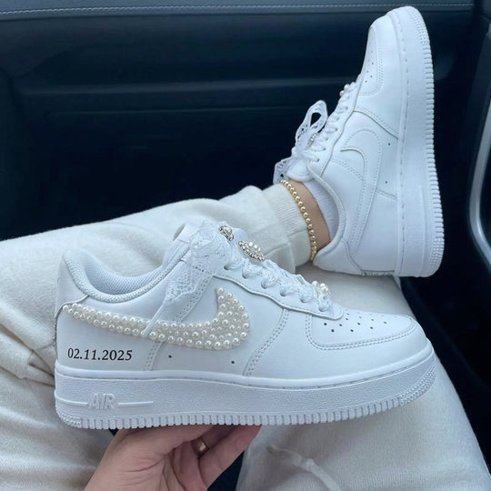 Custom Air Force 1 Pearl Swoosh & Lace Personalized Weeding Shoes