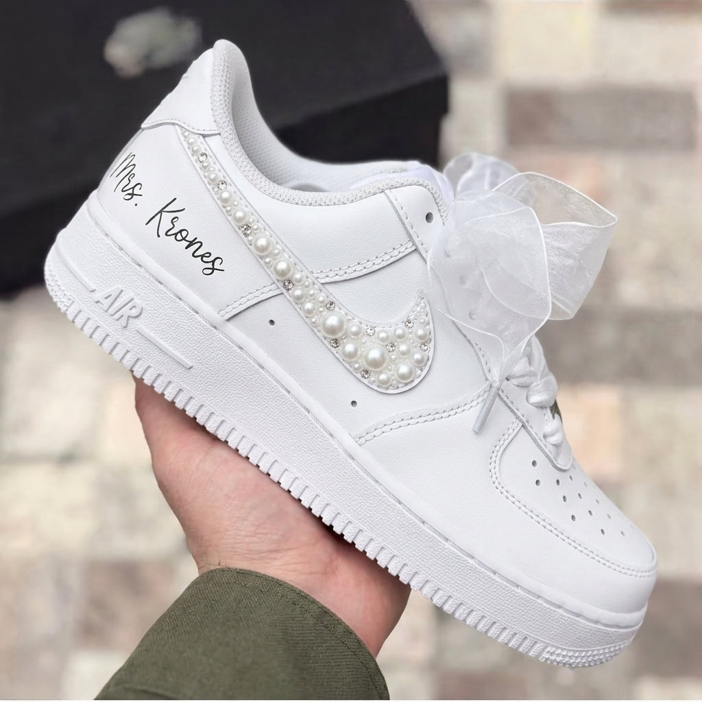Custom Air Force 1 Pearls Rhinestones Tulle Bow Custom Script Weeding Shoes