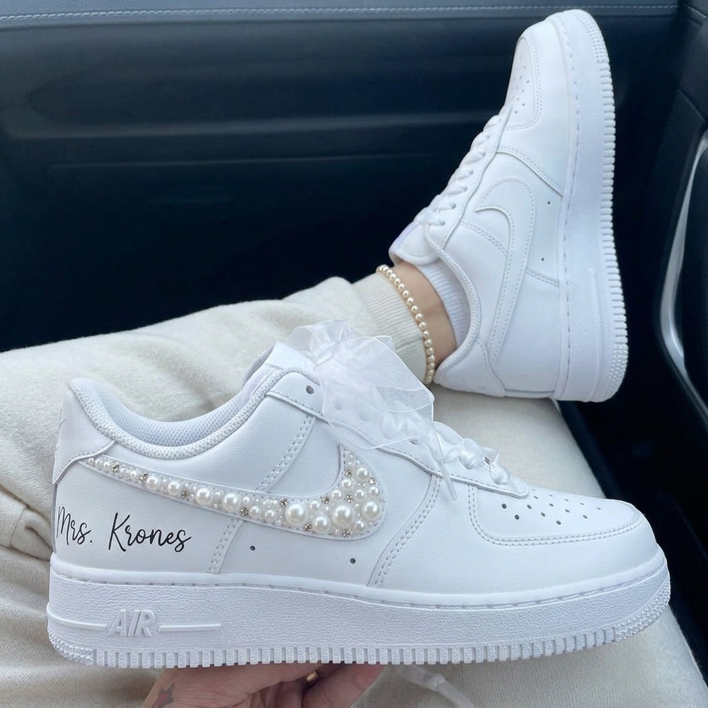 Custom Air Force 1 Pearls Rhinestones Tulle Bow Custom Script Weeding Shoes