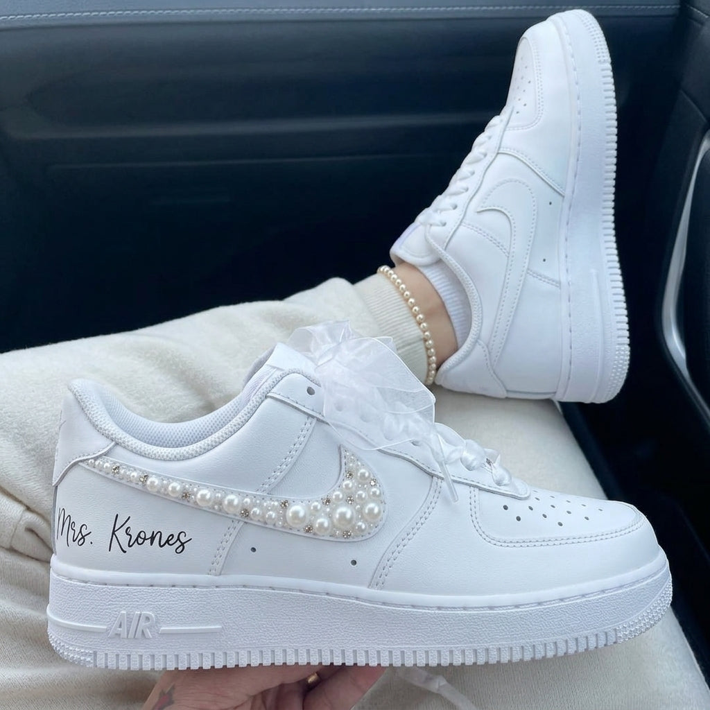Custom Air Force 1 Pearls Rhinestones Tulle Bow Custom Script Weeding Shoes