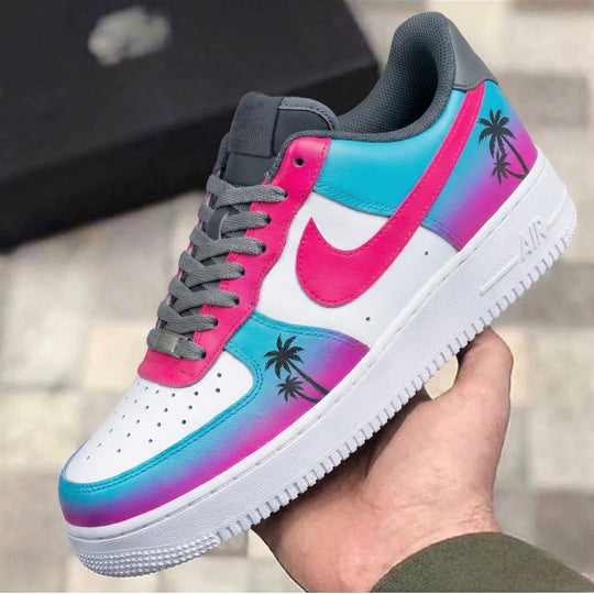 Custom Air Force 1 Pink Baby Blue Gray Palm Trees