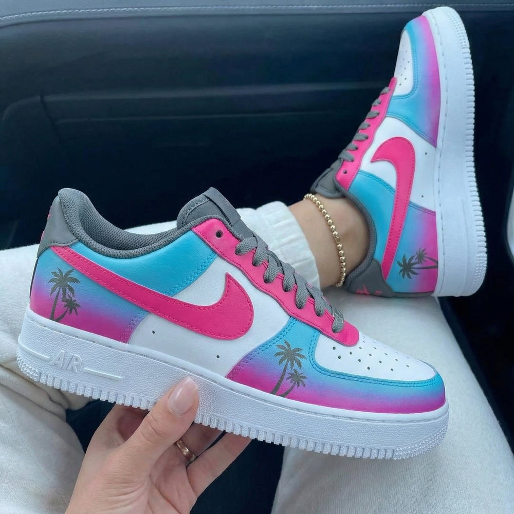 Custom Air Force 1 Pink Baby Blue Gray Palm Trees