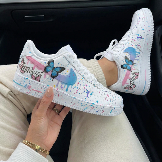 Custom Air Force 1 Pink Blue Butterflies Splatter Design