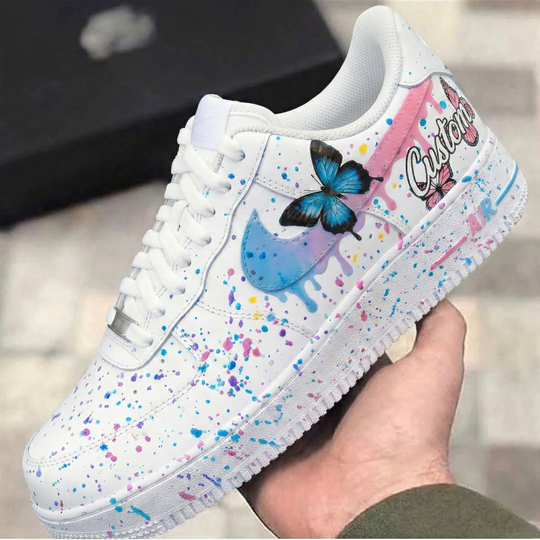 Custom Air Force 1 Pink Blue Butterflies Splatter Design