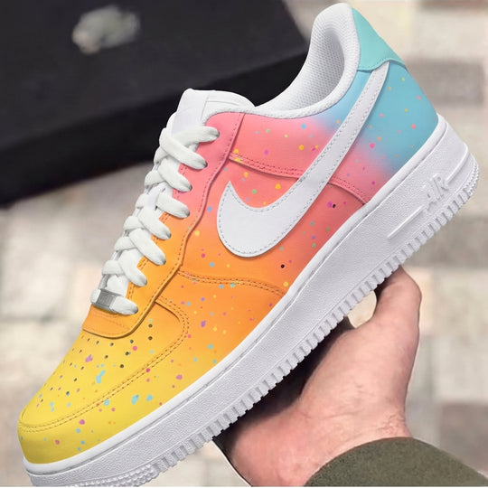 Custom Air Force 1 Pink Orange Yellow Baby Blue Splatter Gold Accents