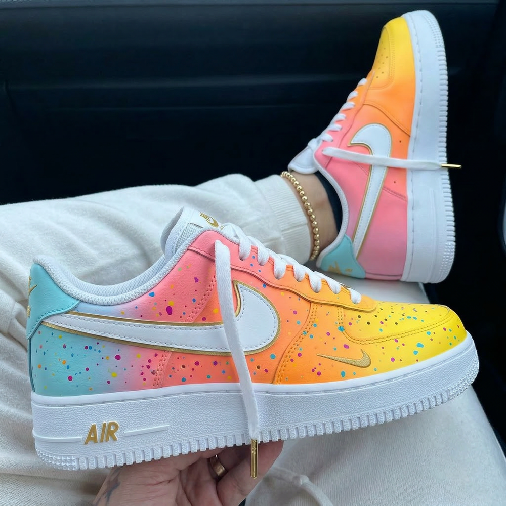 Custom Air Force 1 Pink Orange Yellow Baby Blue Splatter Gold Accents