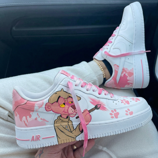 Custom Air Force 1 Pink Panther Cartoon Paw Prints Paint Splashes