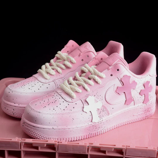 Custom Air Force 1 Pink With Crosses And Speckles Chrome Hearts