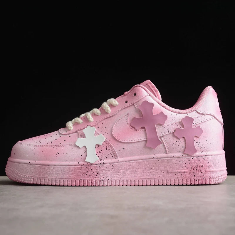 Custom Air Force 1 Pink With Crosses And Speckles Chrome Hearts
