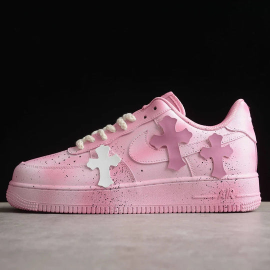 Custom Air Force 1 Pink With Crosses And Speckles Chrome Hearts