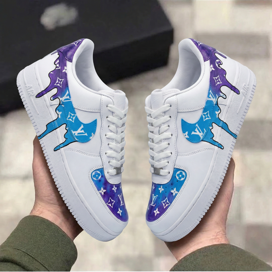 Custom Air Force 1 Purple Baby Blue Drip LV Logo